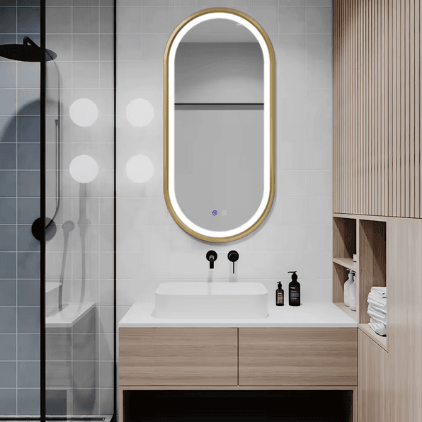 Fullkenlight Adjustable LED Lighted Bathroom Mirror Oval Gold Frame Luxury Defogger Illuminated Bathroom Mirror